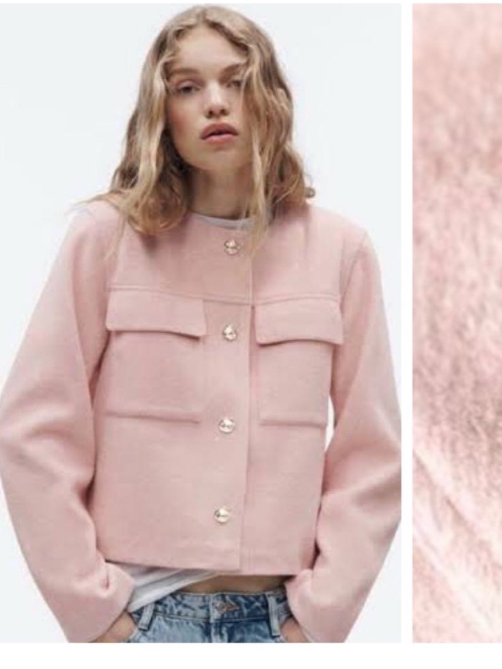 Zara Pale Pink Boxy Wool-Blend Jacket with Gold Buttons NWT